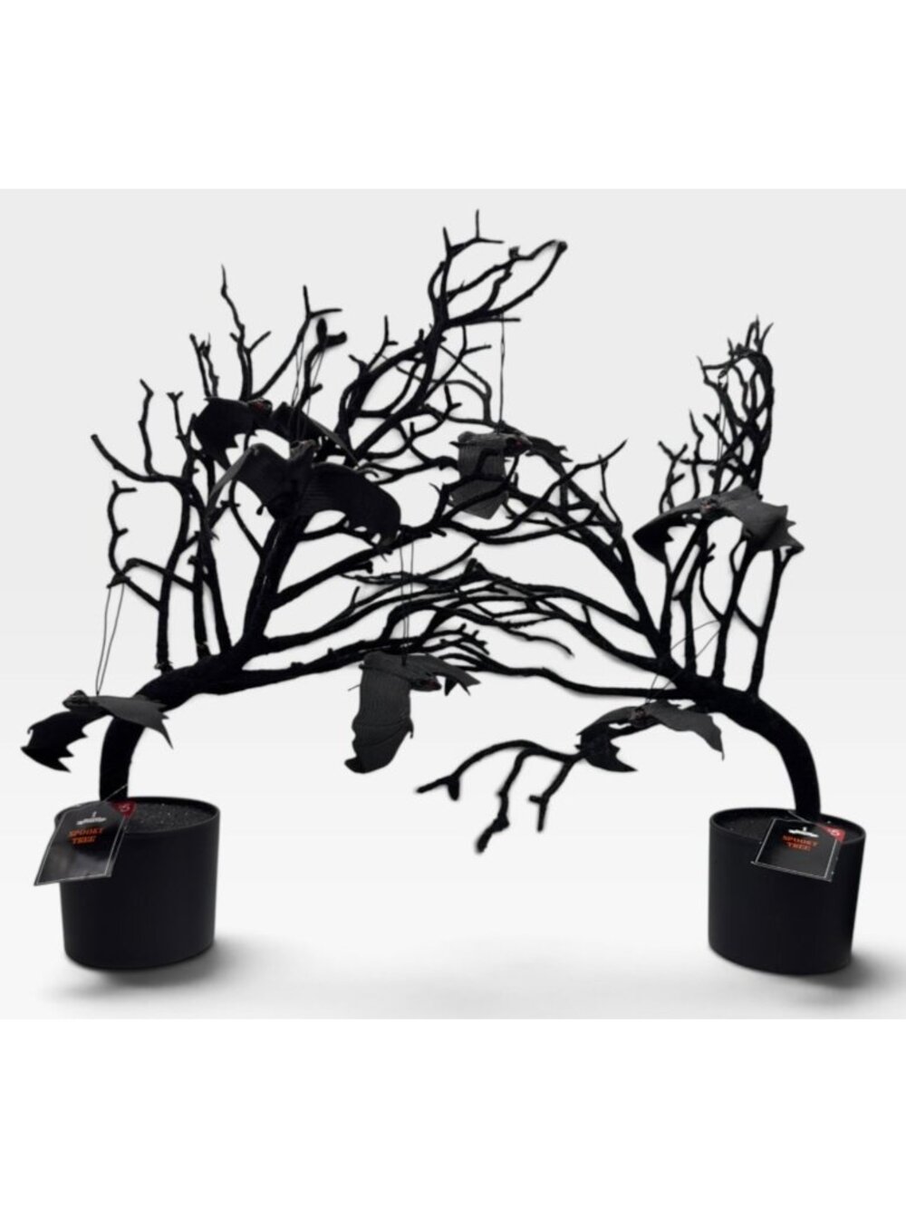 2 Spooky Black Halloween Trees 17" Tabletop Decor Hanging Bats Gothic Display